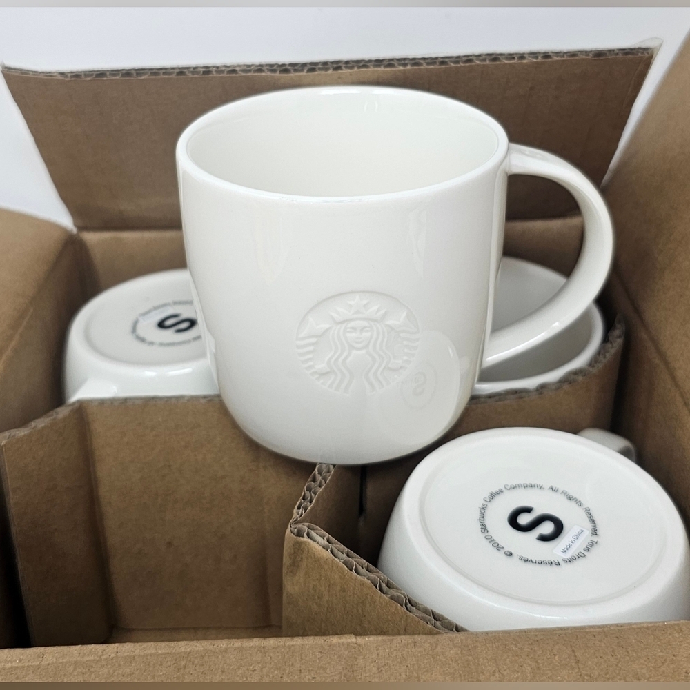 Starbucks New 8 oz White Embossed Siren Mermaid Logo Coffee Cups 2010 Set NIB - Picture 2 of 10